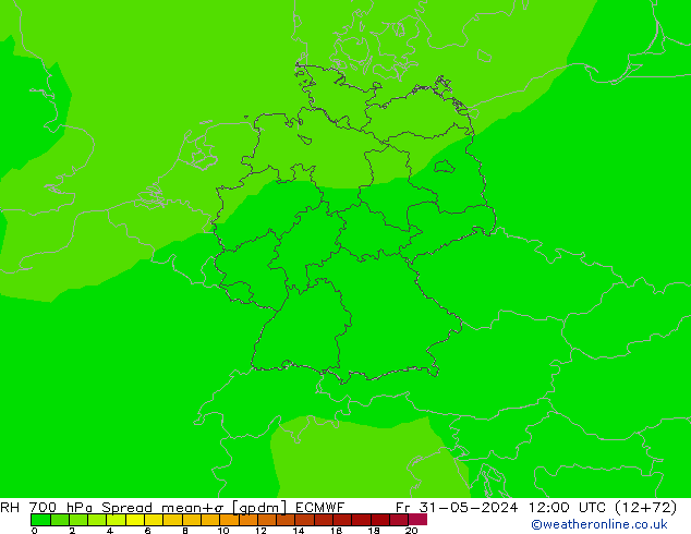 RH 700 hPa Spread ECMWF Pá 31.05.2024 12 UTC