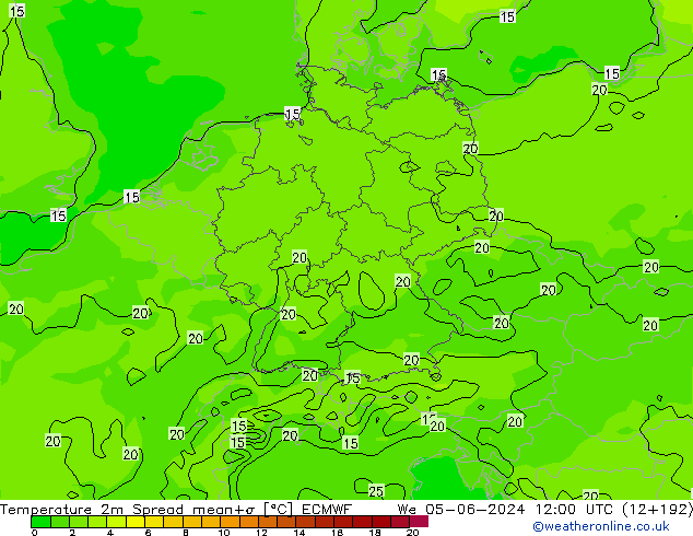 mapa temperatury 2m Spread ECMWF śro. 05.06.2024 12 UTC