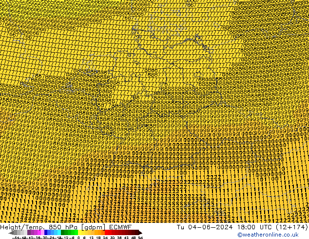 Hoogte/Temp. 850 hPa ECMWF di 04.06.2024 18 UTC