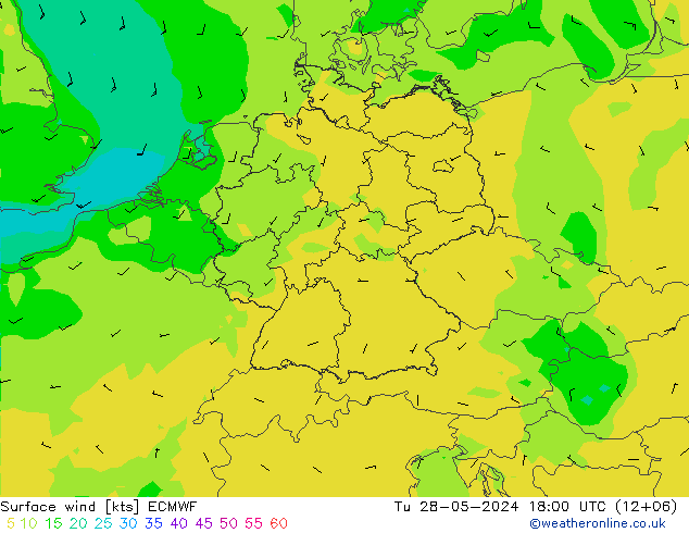 Surface wind ECMWF Tu 28.05.2024 18 UTC