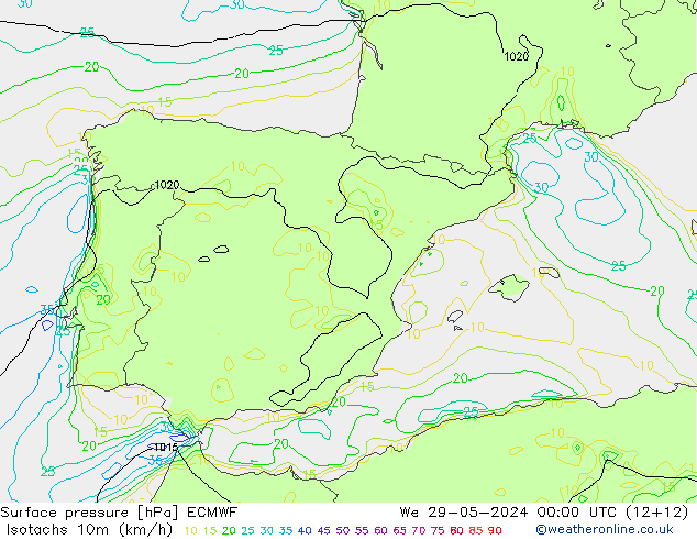 Isotachs (kph) ECMWF We 29.05.2024 00 UTC