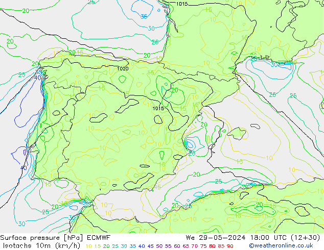 Isotachs (kph) ECMWF We 29.05.2024 18 UTC