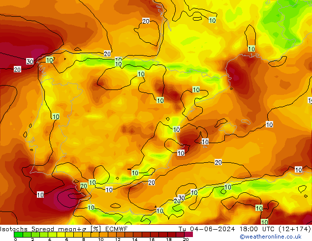 Eşrüzgar Hızları Spread ECMWF Sa 04.06.2024 18 UTC