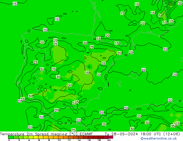 Temperature 2m Spread ECMWF Tu 28.05.2024 18 UTC