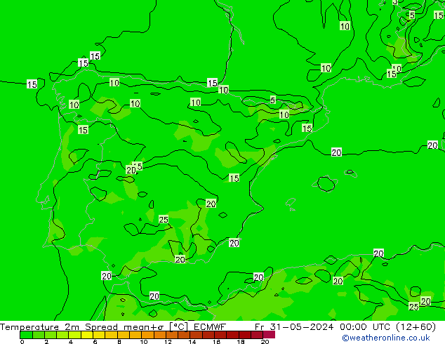 mapa temperatury 2m Spread ECMWF pt. 31.05.2024 00 UTC