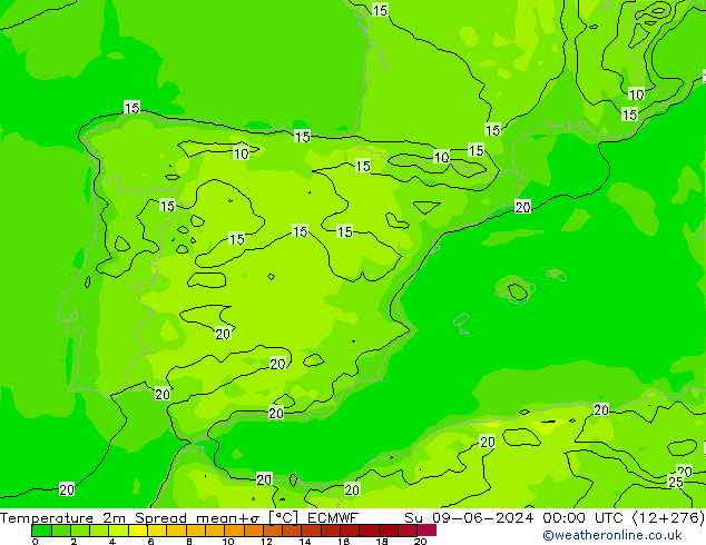 Temperatura 2m Spread ECMWF dom 09.06.2024 00 UTC