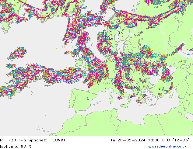 RH 700 hPa Spaghetti ECMWF mar 28.05.2024 18 UTC