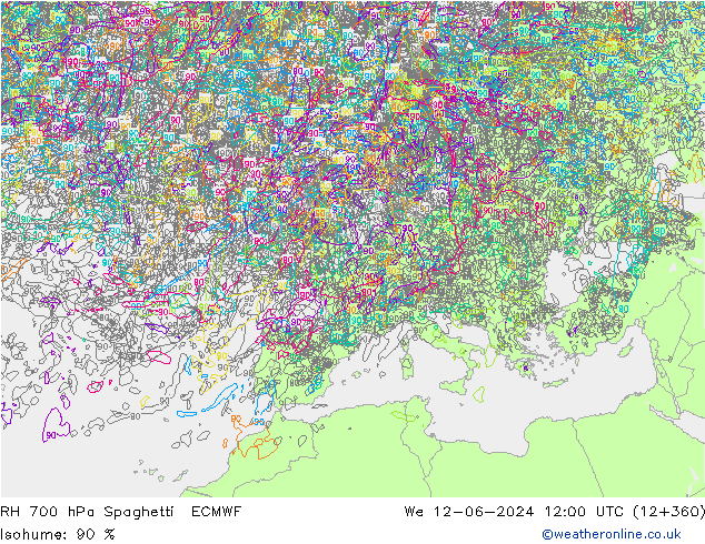 RH 700 hPa Spaghetti ECMWF Mi 12.06.2024 12 UTC