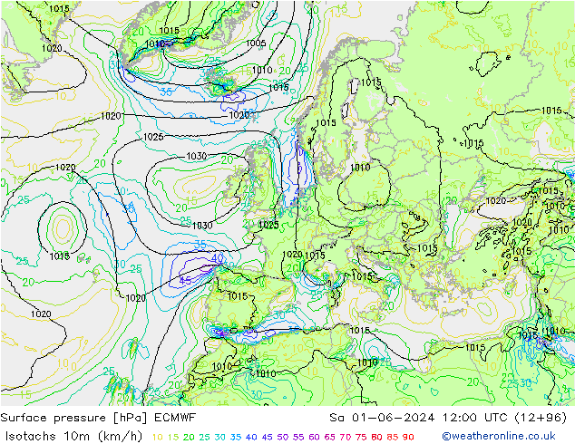 Isotachs (kph) ECMWF sab 01.06.2024 12 UTC