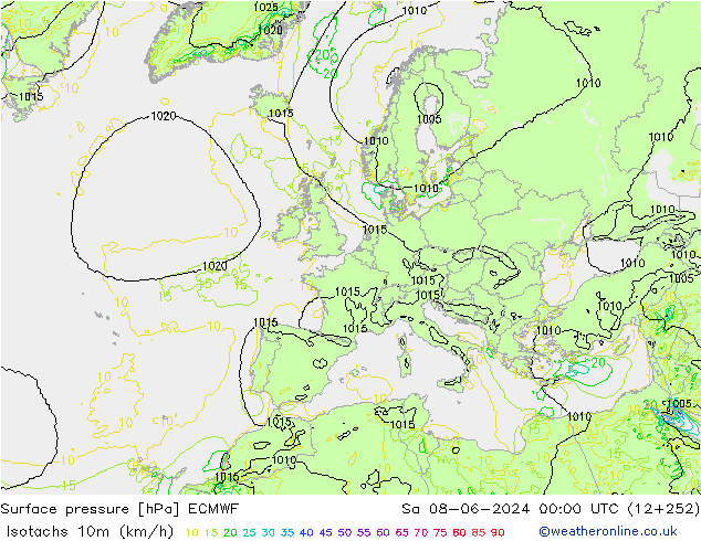 Isotachen (km/h) ECMWF za 08.06.2024 00 UTC