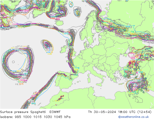 Bodendruck Spaghetti ECMWF Do 30.05.2024 18 UTC