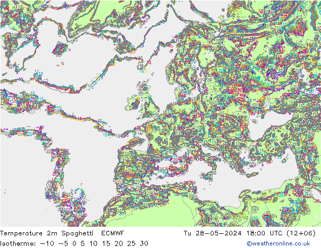 Temperature 2m Spaghetti ECMWF Tu 28.05.2024 18 UTC