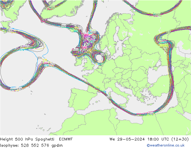 Height 500 hPa Spaghetti ECMWF We 29.05.2024 18 UTC