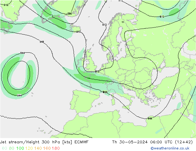 Jet stream/Height 300 hPa ECMWF Čt 30.05.2024 06 UTC