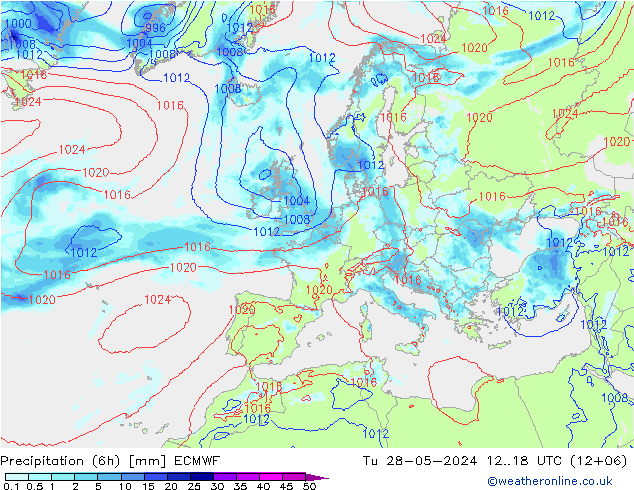 降水量 (6h) ECMWF 星期二 28.05.2024 18 UTC