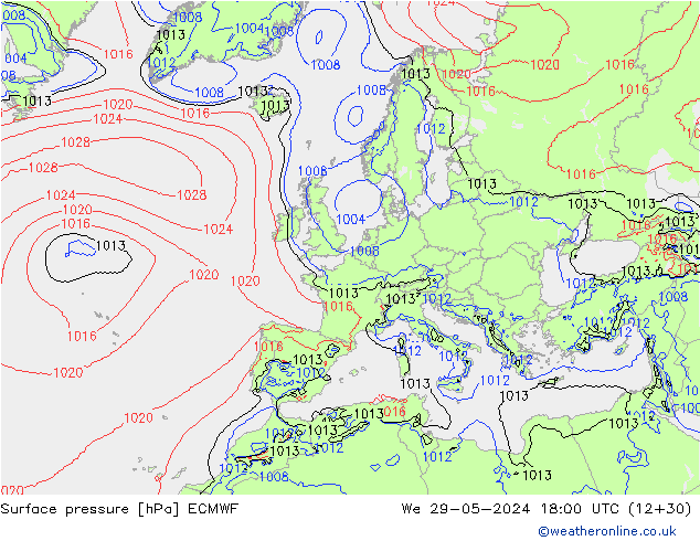 Surface pressure ECMWF We 29.05.2024 18 UTC