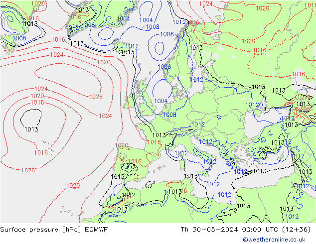 Pressione al suolo ECMWF gio 30.05.2024 00 UTC