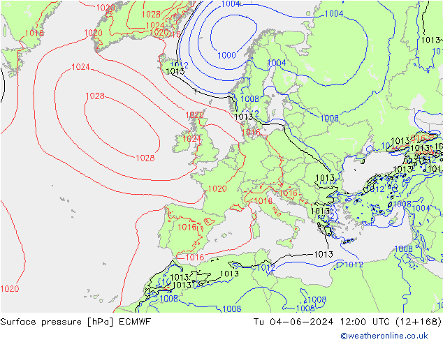 Surface pressure ECMWF Tu 04.06.2024 12 UTC