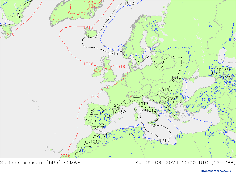 Pressione al suolo ECMWF dom 09.06.2024 12 UTC