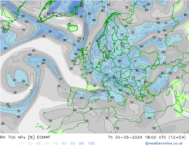 RH 700 hPa ECMWF Th 30.05.2024 18 UTC