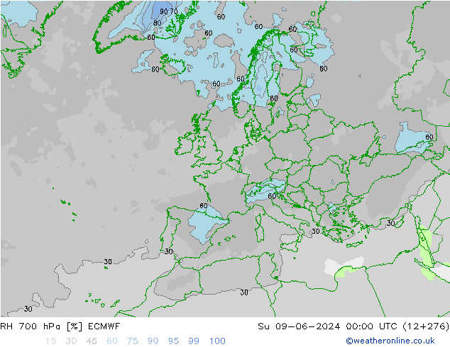 RH 700 hPa ECMWF Su 09.06.2024 00 UTC