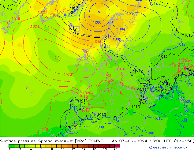 Presión superficial Spread ECMWF lun 03.06.2024 18 UTC