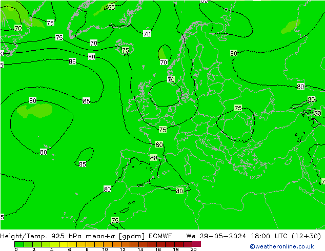 Height/Temp. 925 hPa ECMWF śro. 29.05.2024 18 UTC