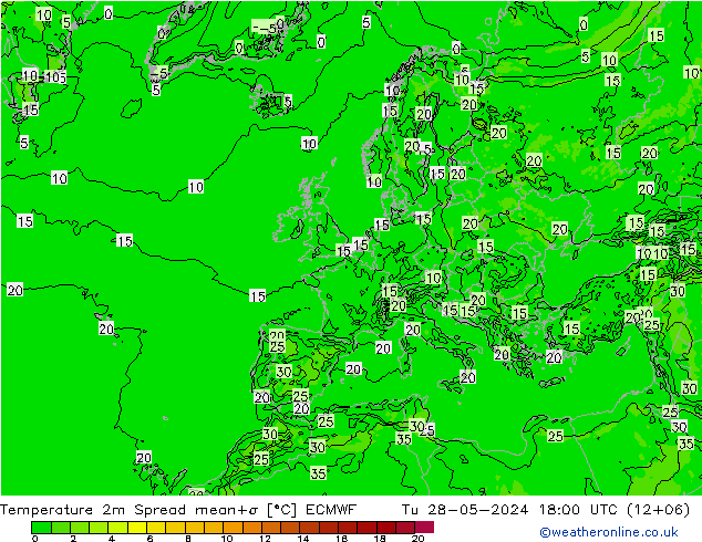 Temperaturkarte Spread ECMWF Di 28.05.2024 18 UTC