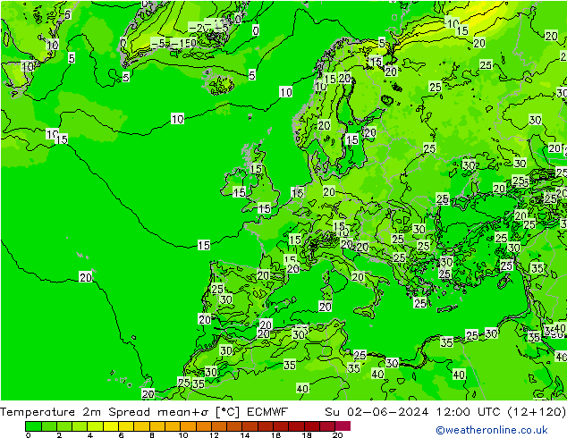 Temperature 2m Spread ECMWF Ne 02.06.2024 12 UTC
