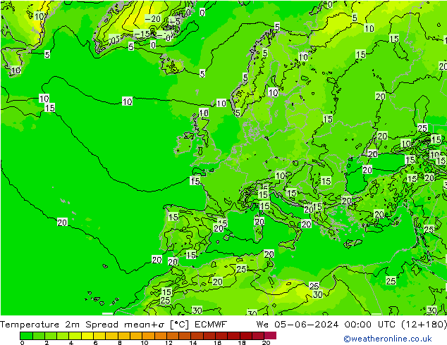 Temperatuurkaart Spread ECMWF wo 05.06.2024 00 UTC