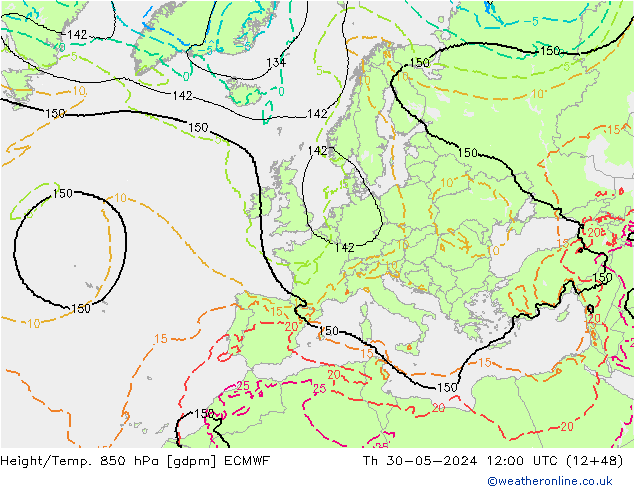 Height/Temp. 850 hPa ECMWF gio 30.05.2024 12 UTC