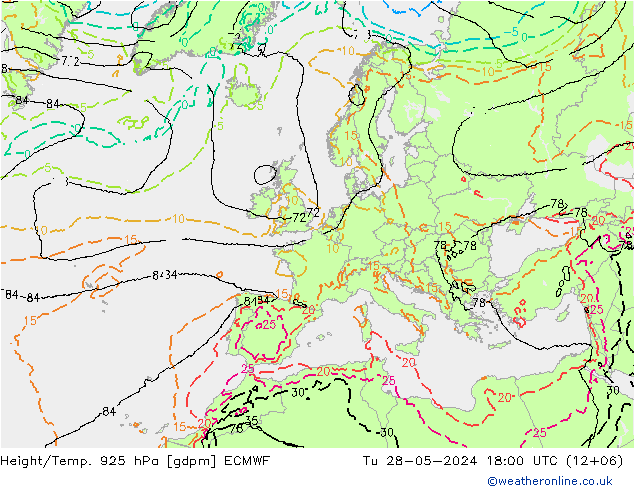 Height/Temp. 925 hPa ECMWF Tu 28.05.2024 18 UTC