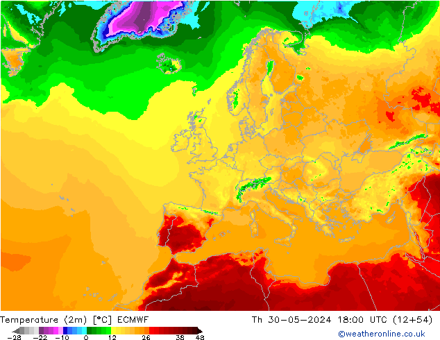 Temperature (2m) ECMWF Th 30.05.2024 18 UTC