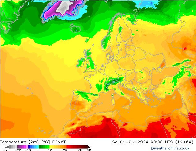 mapa temperatury (2m) ECMWF so. 01.06.2024 00 UTC