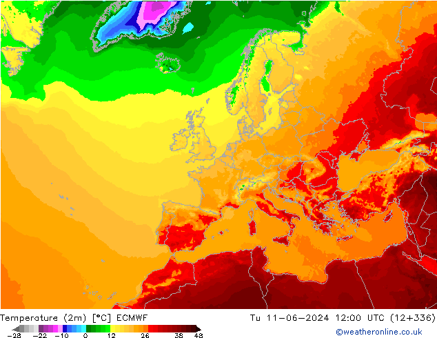 Temperatuurkaart (2m) ECMWF di 11.06.2024 12 UTC