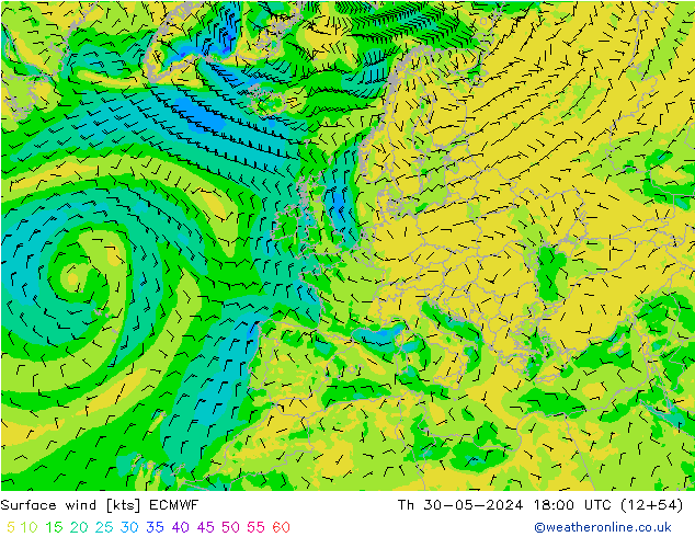 wiatr 10 m ECMWF czw. 30.05.2024 18 UTC