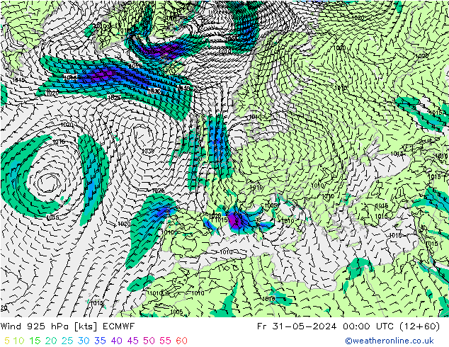 wiatr 925 hPa ECMWF pt. 31.05.2024 00 UTC