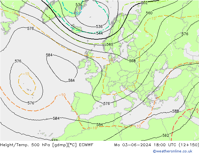 Height/Temp. 500 hPa ECMWF lun 03.06.2024 18 UTC