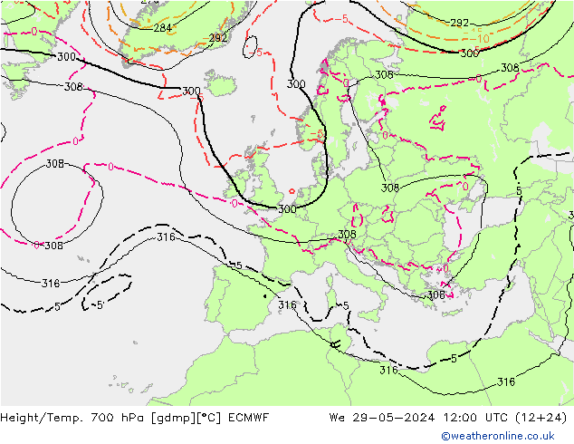 Hoogte/Temp. 700 hPa ECMWF wo 29.05.2024 12 UTC