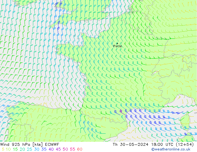 Vento 925 hPa ECMWF gio 30.05.2024 18 UTC