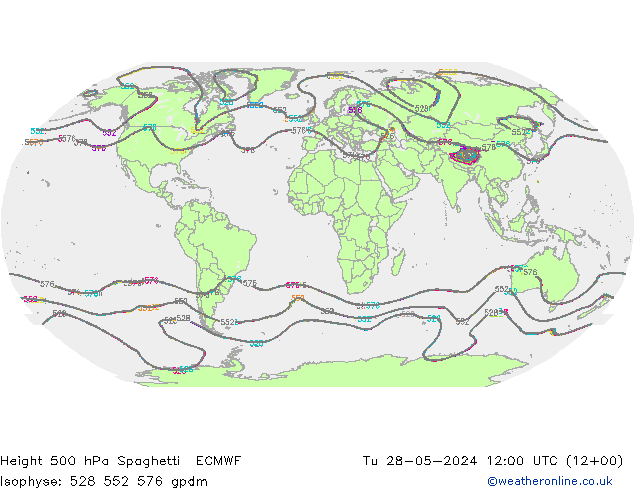 Height 500 hPa Spaghetti ECMWF  28.05.2024 12 UTC