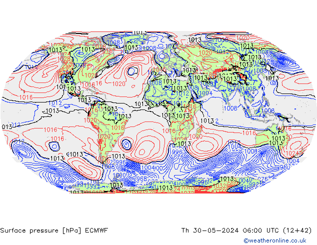 pressão do solo ECMWF Qui 30.05.2024 06 UTC