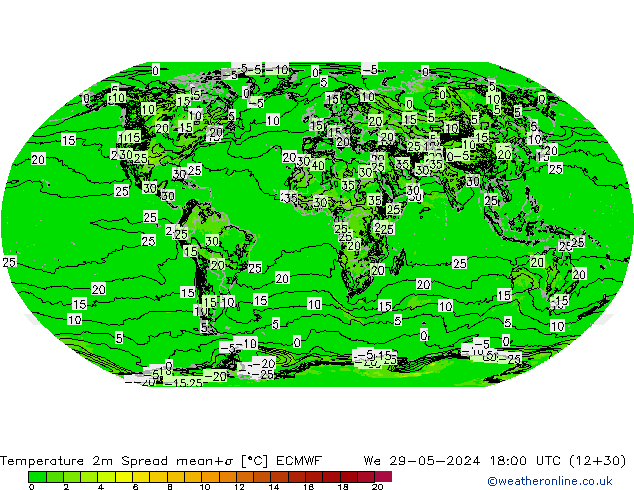 Temperature 2m Spread ECMWF We 29.05.2024 18 UTC