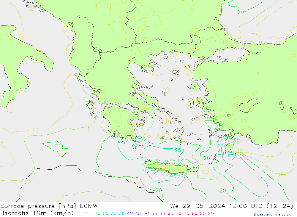 Isotachen (km/h) ECMWF Mi 29.05.2024 12 UTC