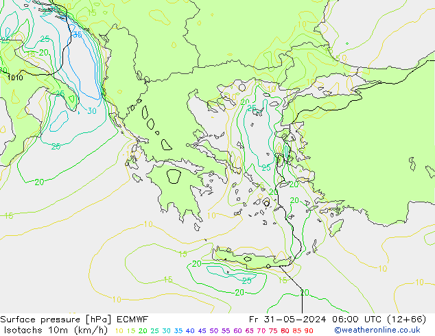 Isotachen (km/h) ECMWF vr 31.05.2024 06 UTC