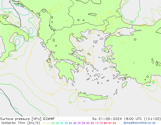 Isotachen (km/h) ECMWF za 01.06.2024 18 UTC