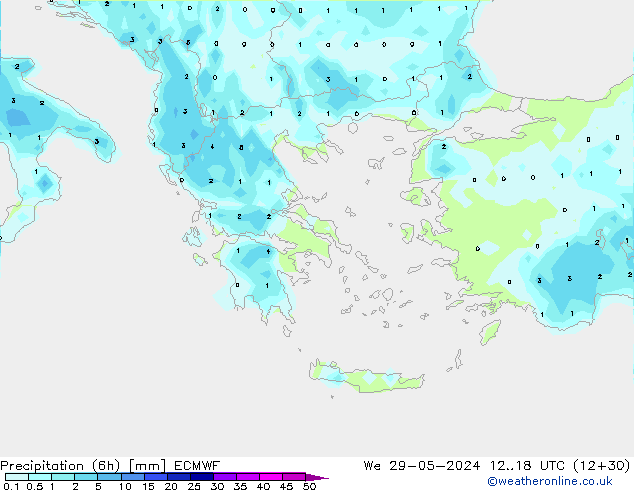 Totale neerslag (6h) ECMWF wo 29.05.2024 18 UTC