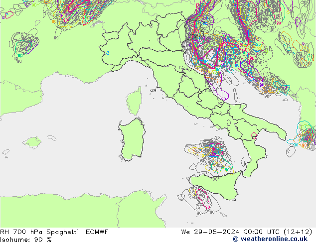 RH 700 hPa Spaghetti ECMWF St 29.05.2024 00 UTC
