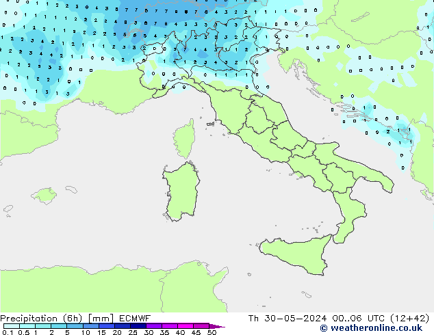 Precipitation (6h) ECMWF Čt 30.05.2024 06 UTC