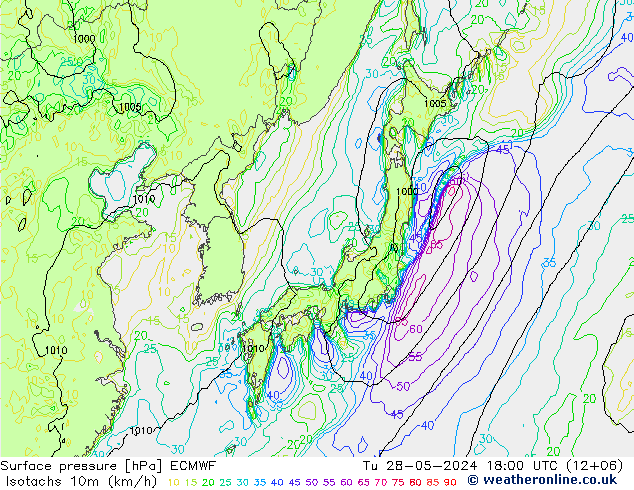 Isotachs (kph) ECMWF Út 28.05.2024 18 UTC